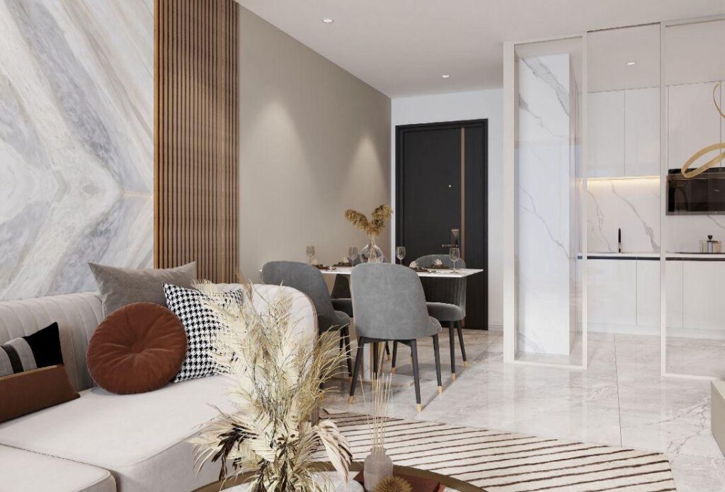 Apartament T2, salon z kuchnią